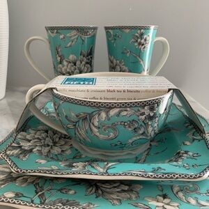 222 Fifth Adelaide Turquoise Floral Birds Porcelain Dishware